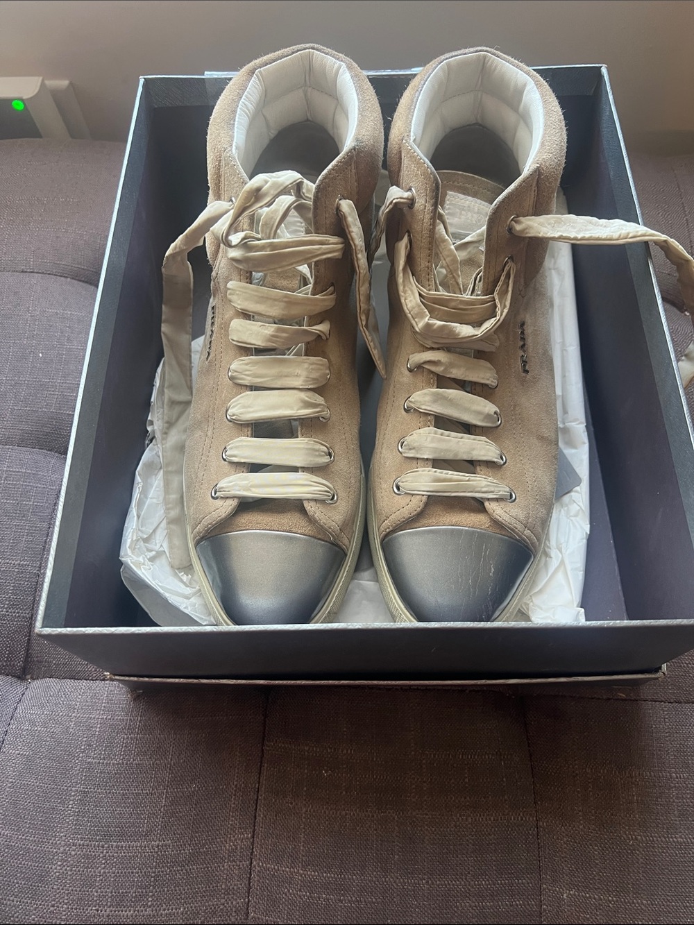 Prada Tan Suede High-Top Sneakers with Silver Toe Caps